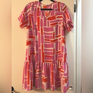 Michelle Mcdowell Farah Dress All Squared Away Ruffle Hem Orange and Pink